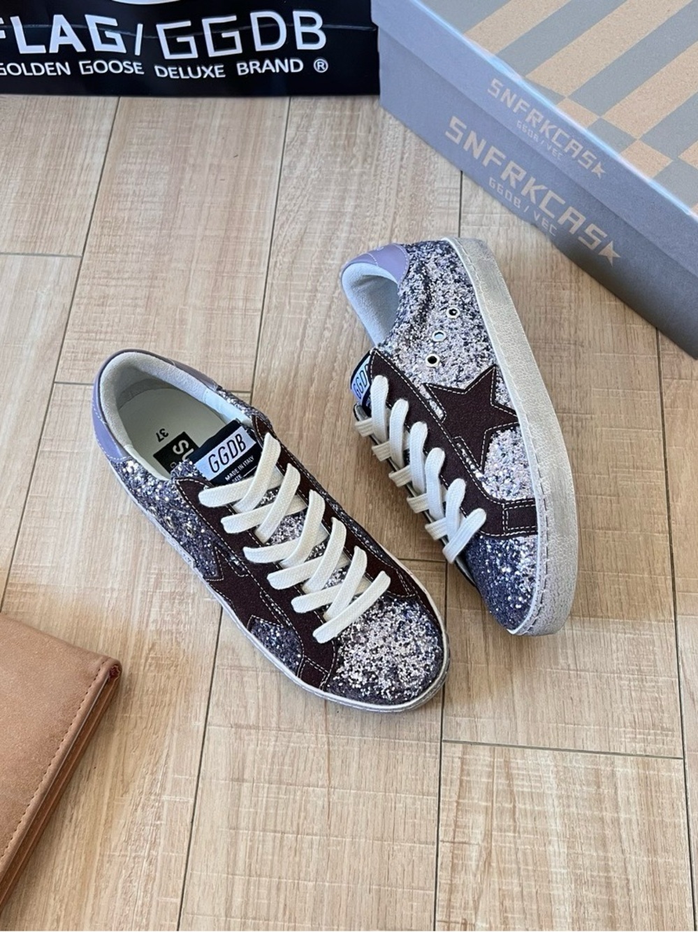 Golden Goose Silver Glitter Sneakers with Brown Star Trim - Picture 2 of 8